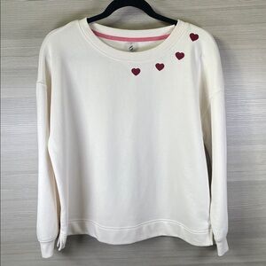 Lou & Grey Heart Line Ivory Sweatshirt Embroidered Red Hearts Small